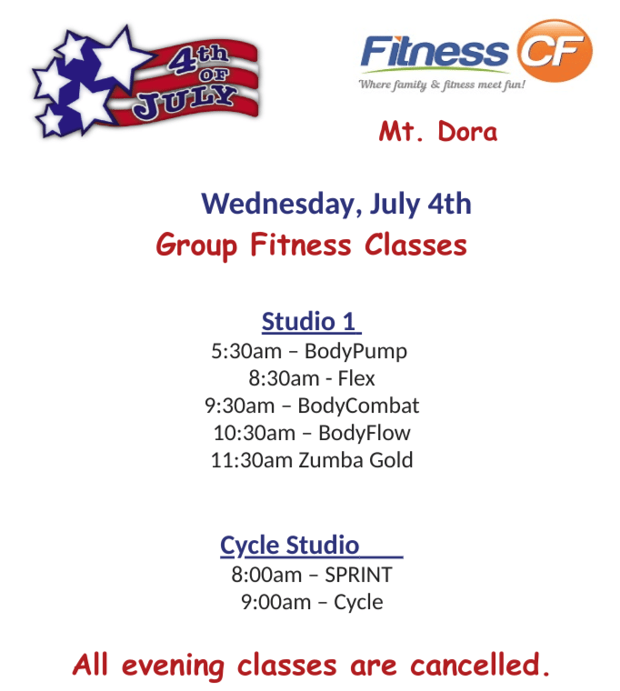 4th of July Group Fitness Schedule at Fitness CF Mount Dora