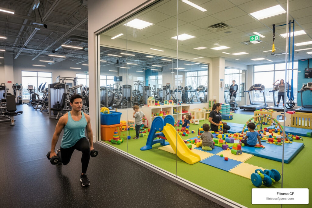 parent working out at gym while child plays in daycare - gym with daycare