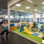 parent working out at gym while child plays in daycare - gym with daycare