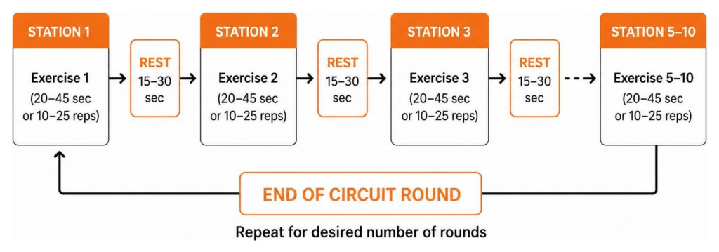 Circuit training cycle flowchart showing stations and recovery intervals