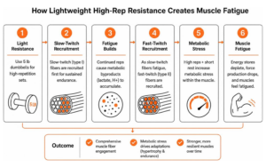 How lightweight high-rep resistance creates muscle fatigue