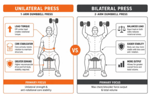 Diagram comparing unilateral press load torque and core stabilization against bilateral press balance