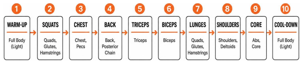 Sequence of muscle groups targeted across the standard 10-track BODYPUMP workout format
