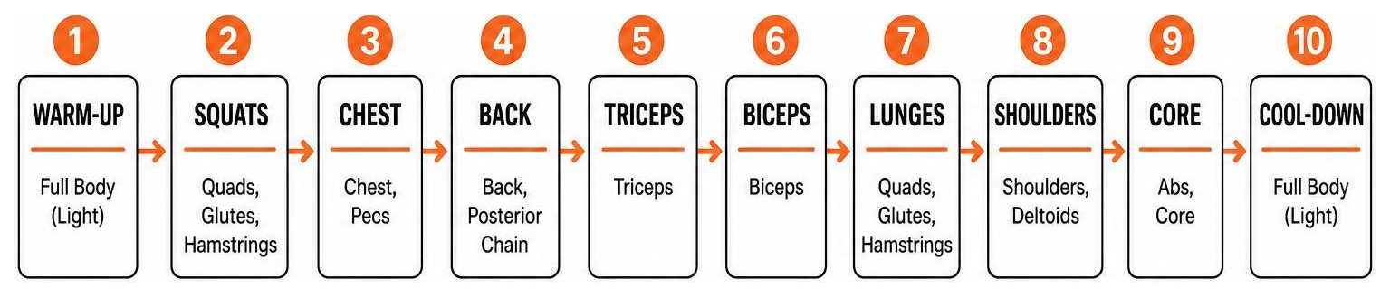 Sequence of muscle groups targeted across the standard 10-track BODYPUMP workout format